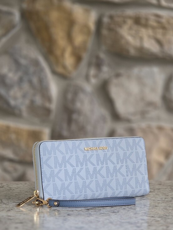 Michael Kors Handbags - Michael Kors Jet Set Logo Continental Blue Wristlet Wallet